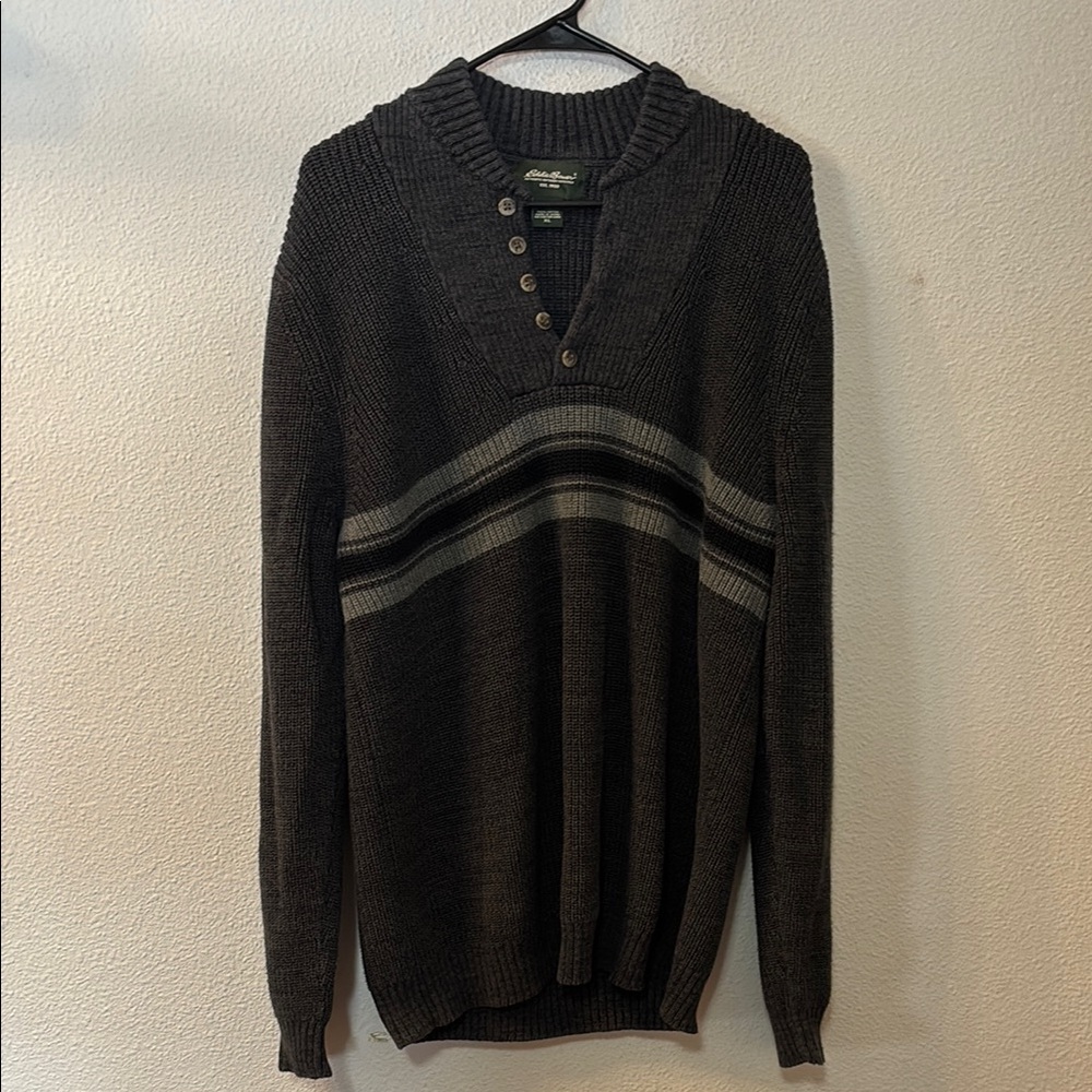 Eddie Bauer Gray V-Neck Sweater with Stripes